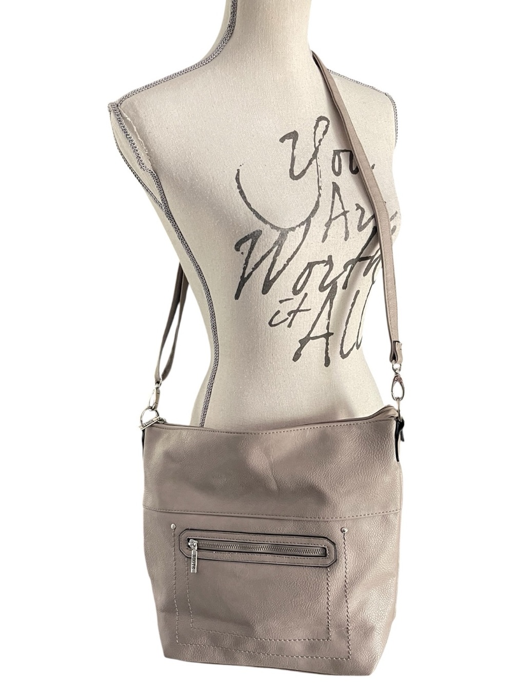 ROOTS Taupe Pebbled Leather Crossbody Bag